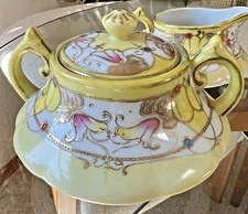 Antique Nippon Moriage Creamer Sugar Bowl Set Hand Painted Gold Floral GORGEOUS!