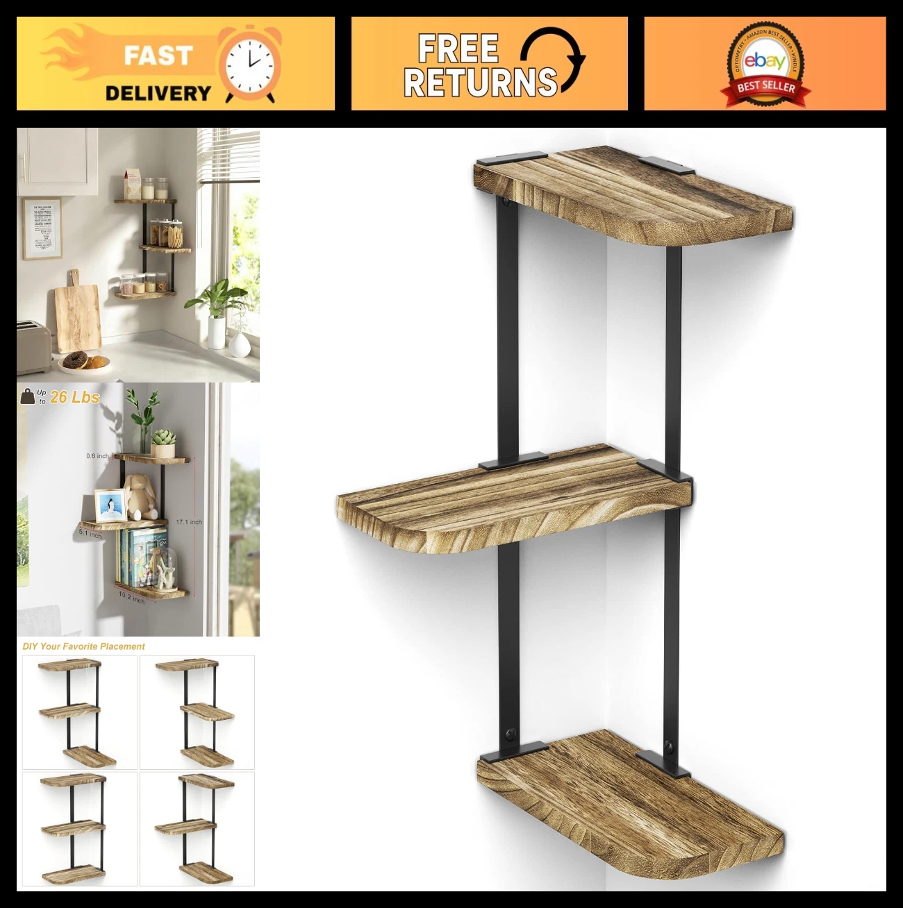 Rustic 3-Tier Corner Shelf Wall Mount - Floating Wood Shelves for Home & Office