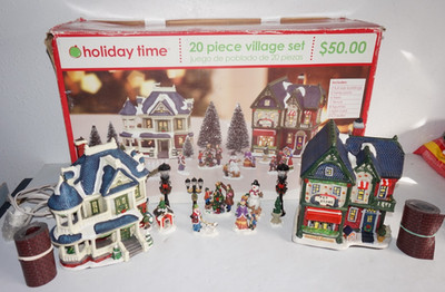 Holiday Time Christmas Village Set with Figurines Victorian House Pet Store