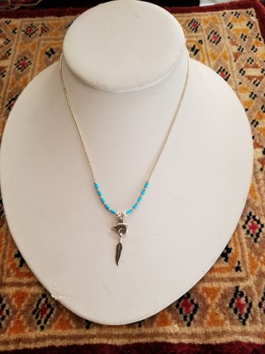 Sterling Silver Bear + Feather Necklace with Turquoise Beads — Southwest style