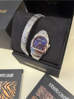 Roberto Cavalli Snake Wrap Watch Blue Dial Silver Crystal Box