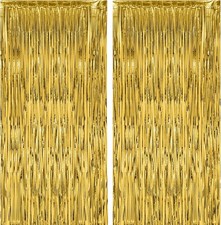 2 Pack Gold Foil Fringe Backdrop Curtains, Tinsel Streamers Birthday Party
