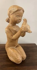 VTG JARU PLASTER CHALKWARE Girl Seated Holding Bird FIGURE SCULPTURE Signed READ
