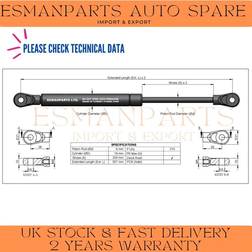 FRONT BONNET HOOD LIFTERS GAS SPRING STRUTS FOR JAGUAR XJS 1976-1991 / BD48027 - Picture 3 of 3