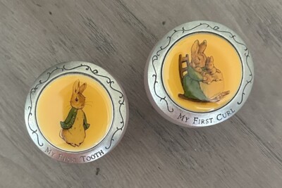 Set 2 Beatrix Potter Peter Rabbit Glass & Pewter Keepsake Boxes 1st Tooth & Curl