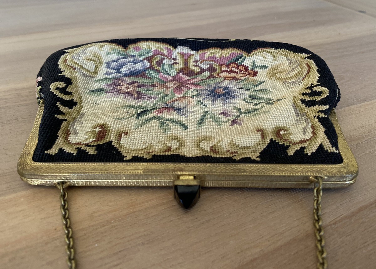 Vintage Floral Petit Point Needlepoint Evening Bag - Purse