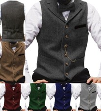 Classic Men Suit Waistcoat Tweed Vests Vintage Herringbone Wool Wedding Workwear