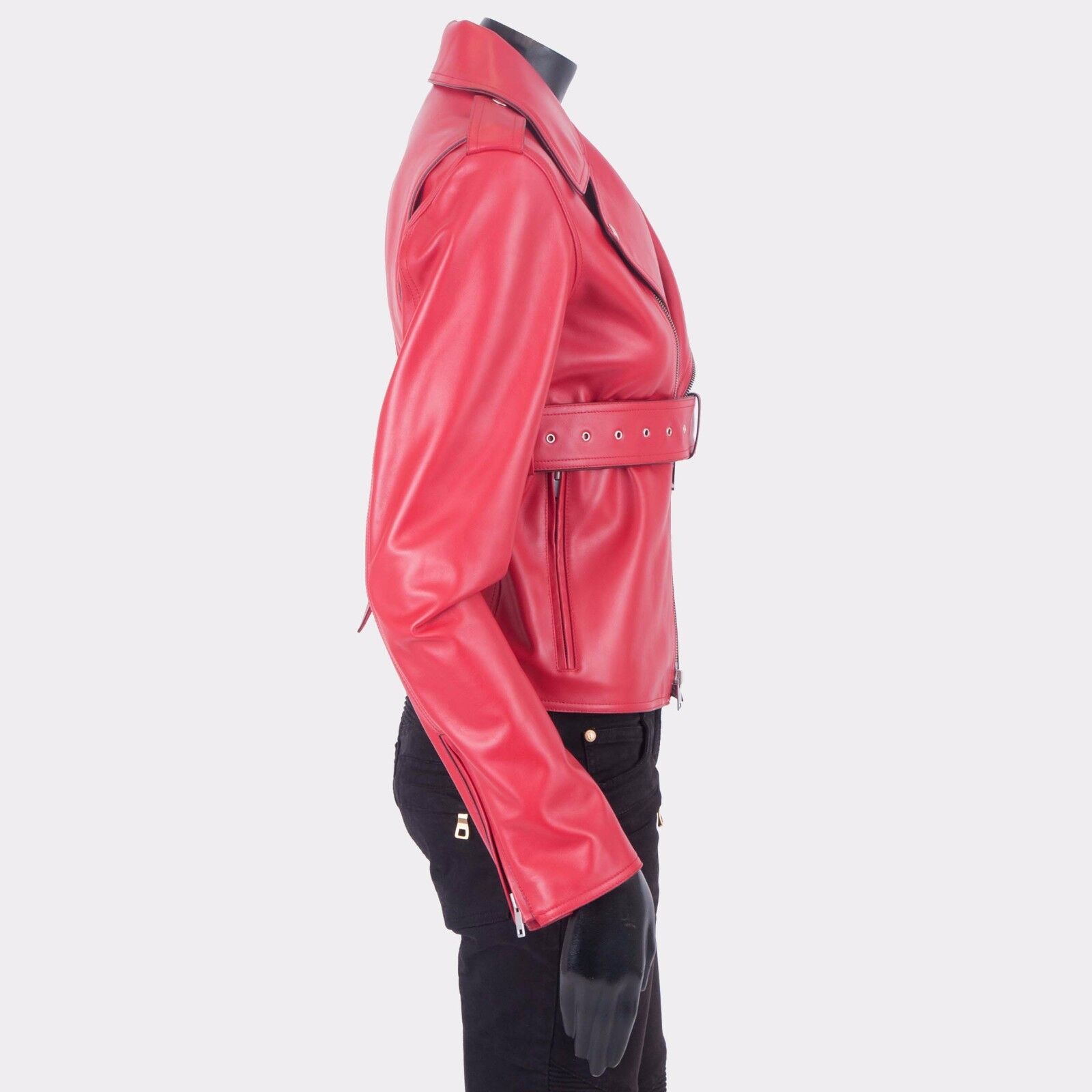 CELINE 3950$ Biker Jacket In Red Calfskin Leather With Epaulettes 