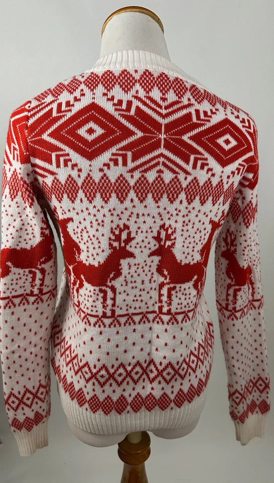 TIPSY ELVES 红色白色跳跃驯鹿丑陋圣诞针织衫 S — 第 3/4 张图片