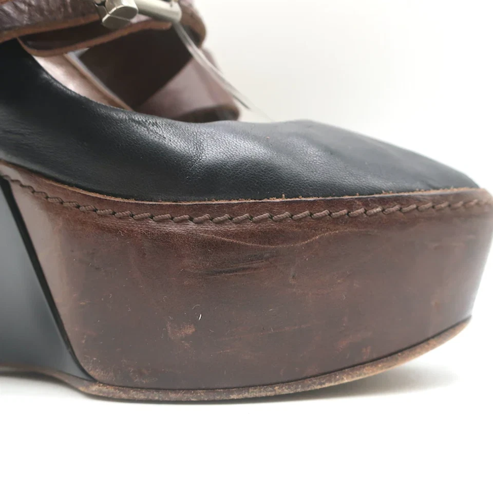 Zapatos de tacón de cuña Marni con hebilla de cuero negro y marrón talla 38 punta abierta Foto 3 de 4