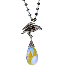 Kirks Folly Heart Of The Crow Crystal Necklace silvertone  Raven  Halloween