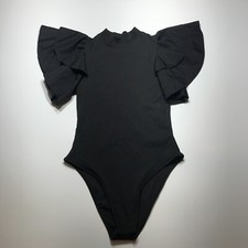 Black Plain Flutter Sleeve Bodysuit Shaping Mock Neck Womens Size XS NEW
