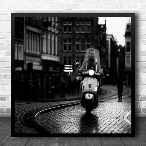 Vespa Street Road Pavement Vehicle Motorcycle Transportation Man Wall Art Print