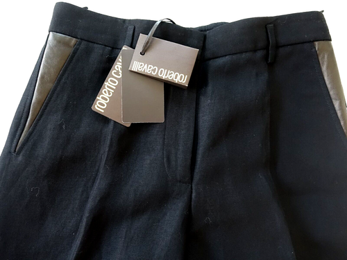 NWT Roberto Cavalli Black Linen Strait Leg Pants, Made in Italy Sz Us 8 IT 44 - Picture 5 of 8