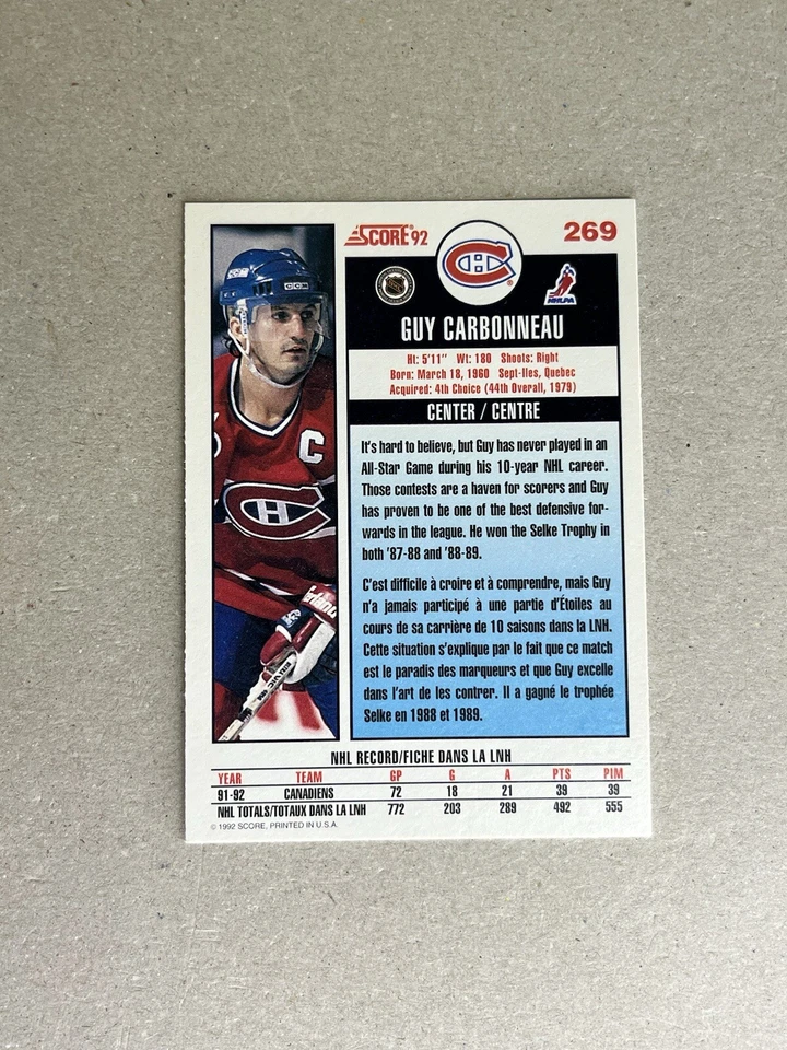 1992-93 Score Canadian Hockey #269 Guy Carbonneau - Image 2 of 2