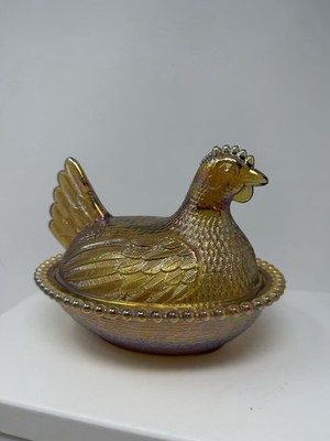 VTG Indiana Carnival Glass Iridescent Gold Hen On A Nest !! Read
