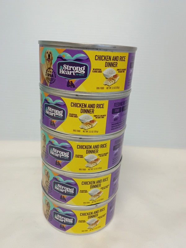5 Strong Heart Adult Dog Can Food. Chicken And Rice Dinner 5.5oz Exp. June 2028