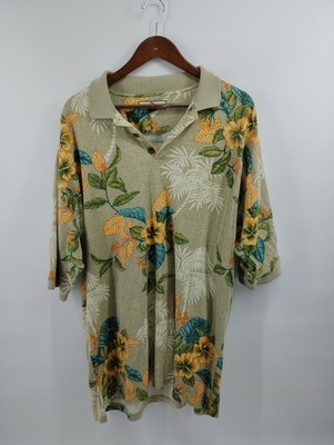Tommy Bahama Shirt Men's XL Silk Blend Button Up Hawaiian Flora Blooms Tan