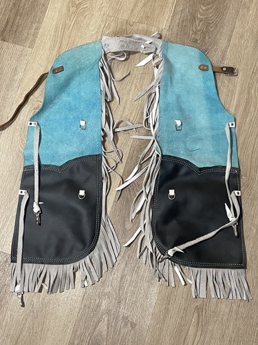 SADDLE BARN Roswell NM USA Blue/Black fringe tassel chaps Rodeo Show YOUTH - Picture 8 of 8