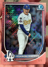 Marketplace image: 2025 Bowman Chrome Mega Box Yoshinobu Yamamoto Rose Gold Mojo Auto 1/1 #76 SSP