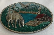 Indiana Metal Craft Vintage 1985 Forest Scenery Belt Buckle Horse Cabin Eagle