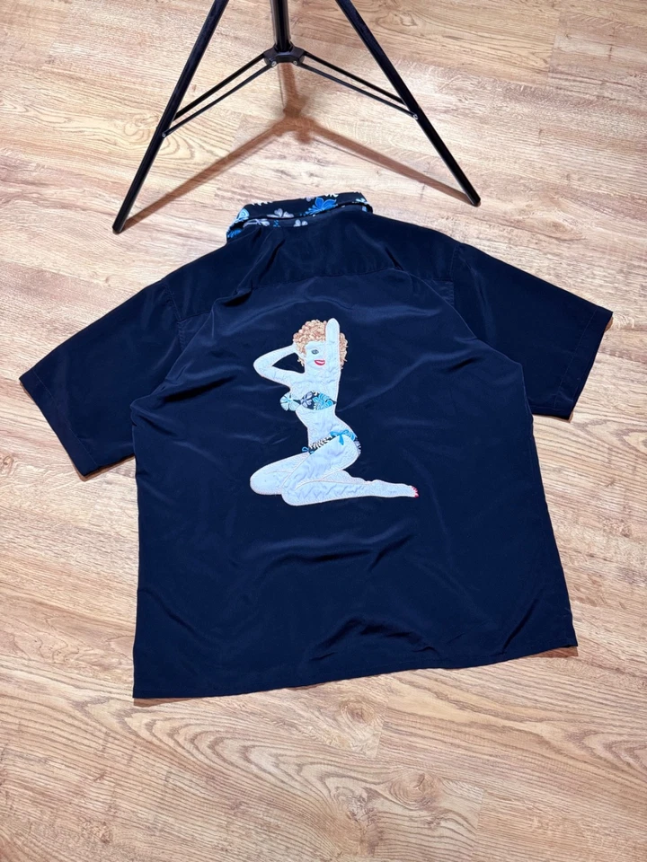 RARE Vintage Dragonfly Hawaiian Girl Back Embroidery Button Shirt Men's Size L - Image 2 of 4