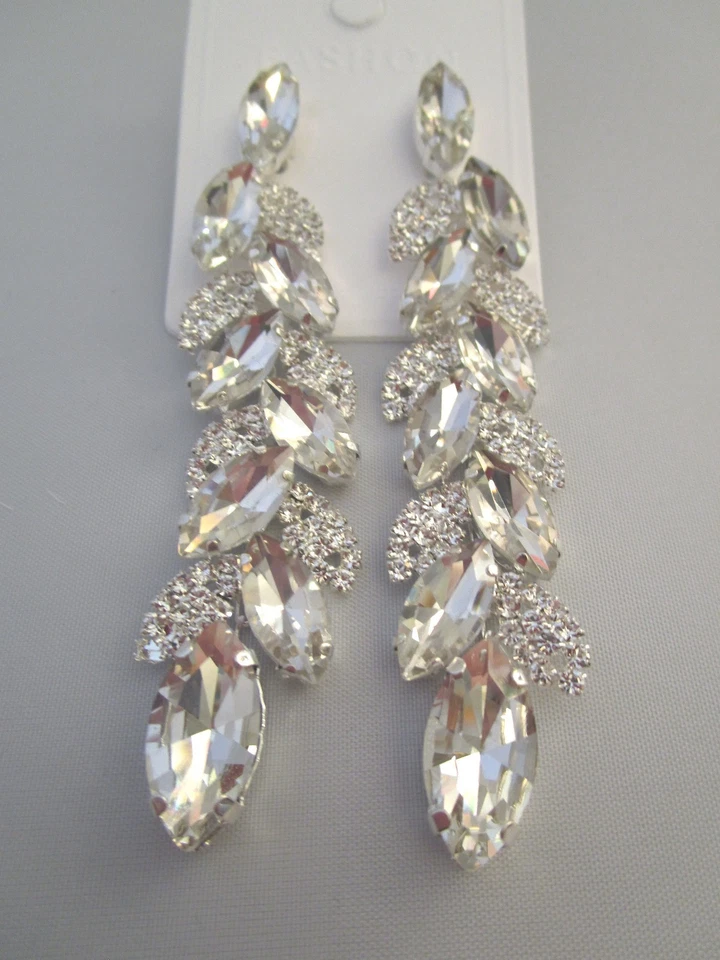 XL Strass Ohrringe Ohrstecker Ohrhänger Statement lang Silber Klar Bling o761 - Bild 3 von 4