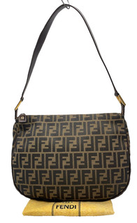 Auth Fendi 8BH131 Zucca Canvas Leather Brown Black Shoulder Bag W/Bag i060041