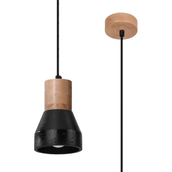 Suspension béton noir et bois naturel avec douille E27 modèle Qubic 1 lumière