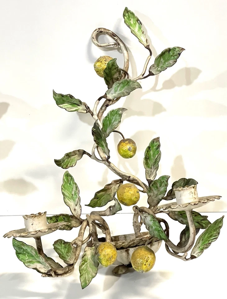 复古意大利彩绘 Tole 2 浅柠檬壁灯烛台餐具 — 第 3/4 张图片