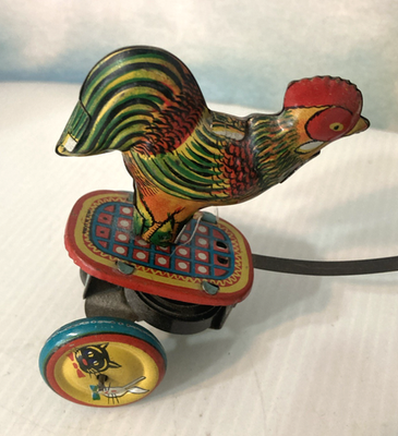 Vintage Tin Litho Fighting Cocks Chickens Roosters Windup Toy