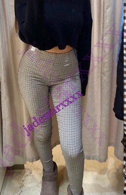 Zara Checked Split Hem Leggings S Small Black Sand New Hi Rise