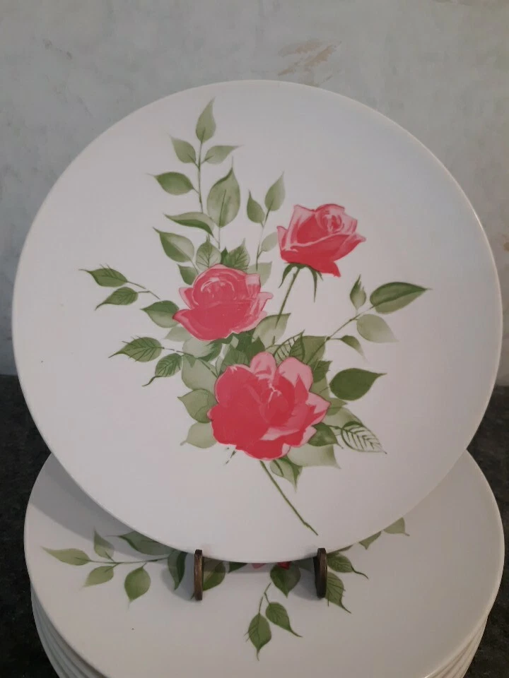 Vtg.  MCM Set of 7 Melamine 9" Dinner Plates w/ Dark Pink Roses w/ Green Leaves - Image 2 of 4