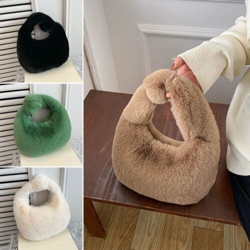 Women Furry Warm Plush Fur Handbags Wrist Bags Half Moon Bag Coin Purses - Photo 1 sur 18