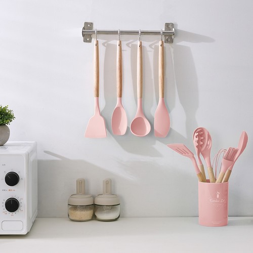 14x Silicone Kitchen Cooking Utensils Set with wooden Holder Pot Gray Pink Green - Picture 21 of 28