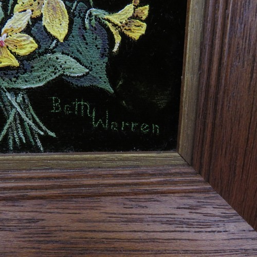 Vintage Gelber Blumenstrauß gemalt auf Samt von Beth Warren Holzrahmen Dekor - Bild 6 von 14