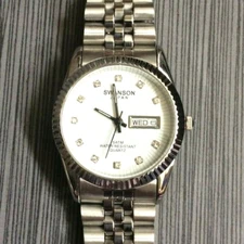 Swanson Men's Watch Round White Sunray Date Dial Silver Linked Band Waterproof!
