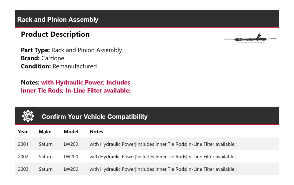 Conjunto de piñón y cremallera Saturn LW200 2001-2003 Cardone 2002 Foto 2 de 4