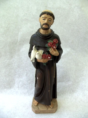 St Francesco of Assisi St Francis Statue with Doves & Roses!  7" TALL!  SIGNED!