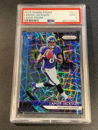 LAMAR JACKSON 2018 PANINI PRIZM #212 LAZER PARALLEL ROOKIE RC PSA 9 RAVENS NFL