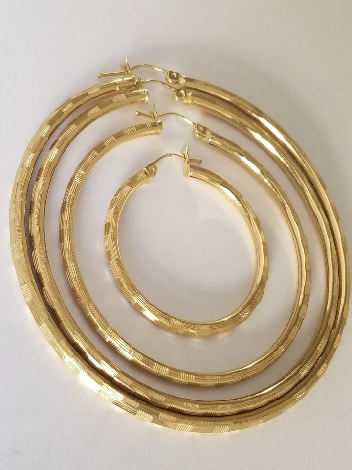 14k Yellow gold Hoop Earrings small medium large 3mm Diamond cut - Image 2 of 4