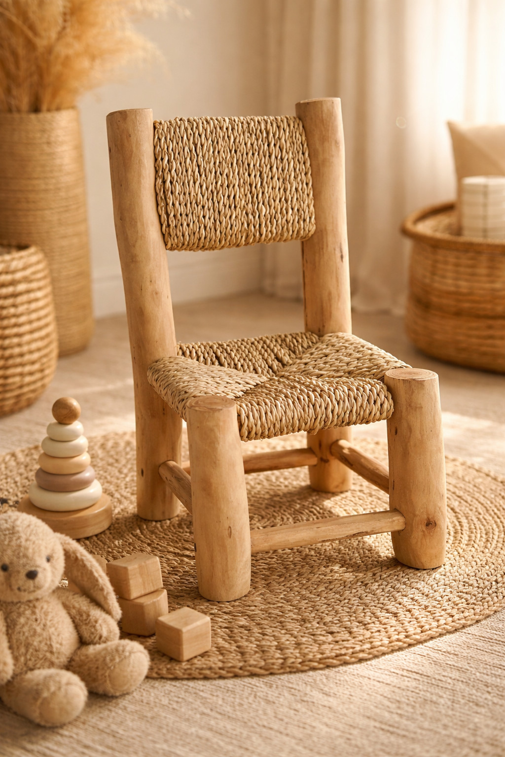 Chaise enfant en bois naturel PIKO petite chaise artisanale tressée rétro