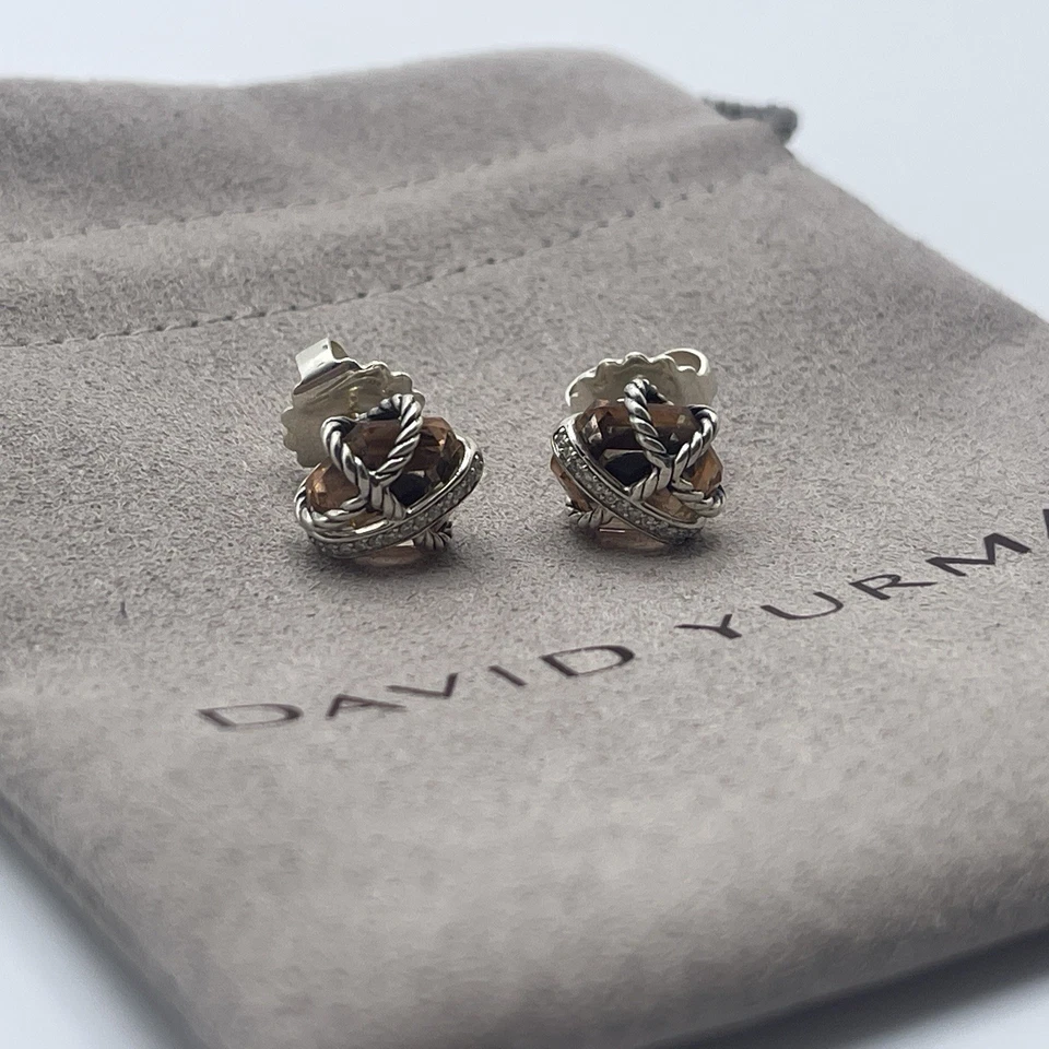 David Yurman Sterling Silver 10mm Morganite Diamond Cable Wrap Stud Earrings - Image 2 of 4