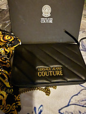 Versace Jeans Couture Black Quilted Logo Zip-Around Wallet Wristlet Chain