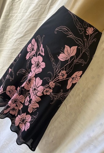 Bay Trading Chiffon Black Pink Floral Embroidered 16 Midi Summer Slip Y2K Skirt - Picture 17 of 17