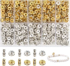600Pcs Spacer Beads with Holes, Alloy Silver Gold Rhinestone Beads for Jewelry,