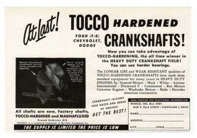 1951 TOCCO Hardened Crankshafts, Ohio Crankshaft Co. Cleveland MORCO Vintage Ad