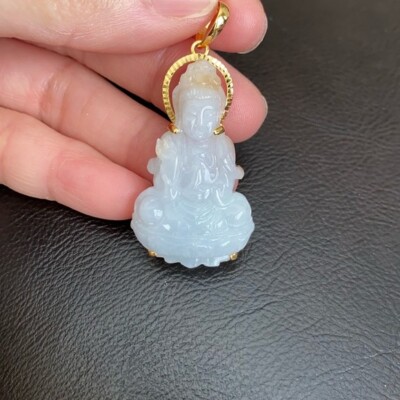 14k Solid Gold Natural Jadeite Jade Kwan Quan Yin White Female