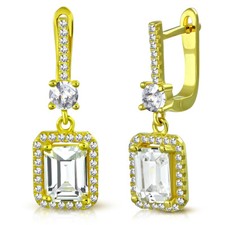 925 Sterling Silver Yellow Gold-Tone Rectangular Round CZ Drop Dangle Earrings