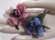 Sweet VTG Small Pink  Blue Roses Millinery Flowers Stems Cluster Bouquet Spray